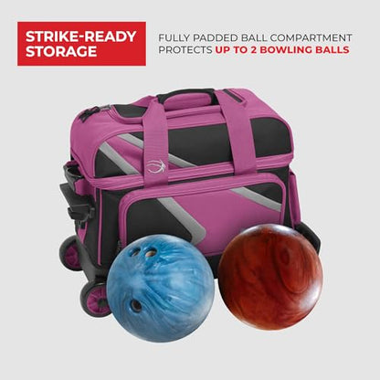 BSI Dash Roller Bowling Bag with Smooth Rolling Wheels, Padded Ball Compartment, Retractable Locking Handle, & Shoe Pocket - color: Black/Pink/Gray, style: Double