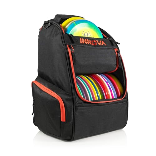 Innova Adventure Pack Disc Golf Backpack – Holds 25 Discs – Includes Mini, Disc Golf Bag - color: Black/Scarlet