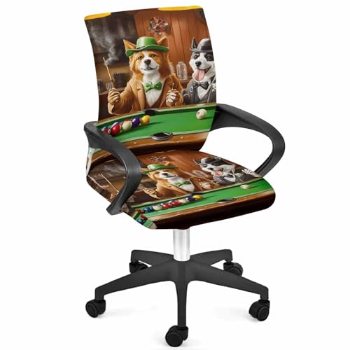 Animal Playing Billiards Office Chair Cover, Abstract Dog Universal Stretch Desk Rotating Chair Slipcovers, Board Games Removable Seat Protector with Zipper, S - color: Dark Green Brown, size: Small