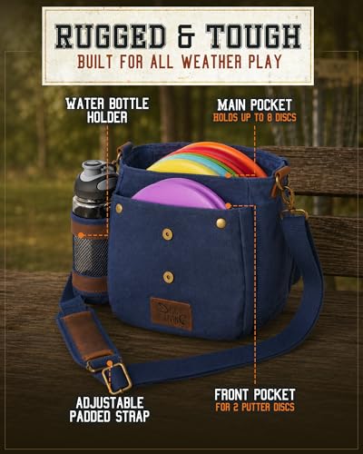 Disc Golf Bag | Frisbee Golf Bag | Easy to Carry | Lightweight Fits Up to 10 Discs | 16 oz Waxed Canvas Sturdy Design | Belt Loop | Double Button Design | Bottle Holder - style: Waxed Canvas / Leather - Blue
