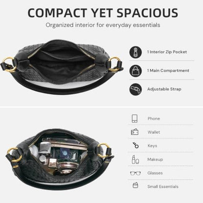 Shoulder Bags for Women Small Hobo Bags Crescent Shaped Cute Retro Tote Handbag Mini Clutch Purse with Zipper Closure - color: Black Woven