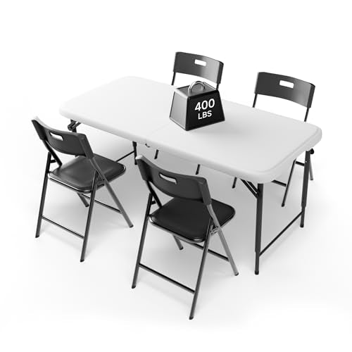 4FT Folding Table Set with 4 Folding Chairs, Heavy Duty 400 lbs Table & 330 lbs Chairs, Portable Folding Furniture Bundle for Camping, Party, Indoor & Outdoor Use - color: White Table & Black Chairs, size: 4ft-Standard Adjust, style: 4 chairs