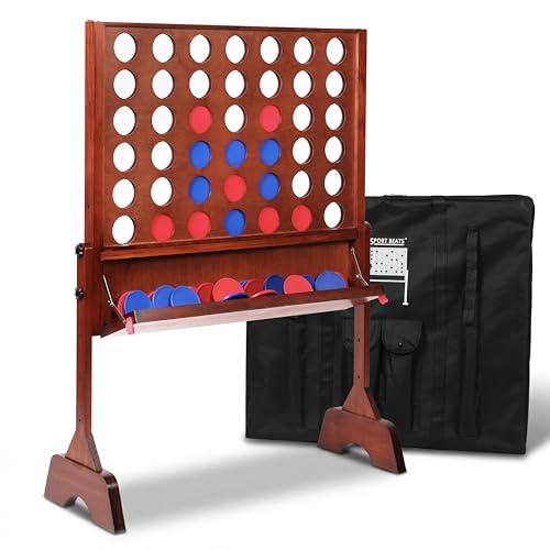 Height Adjustable (2.75-3.75 FT) Giant Wooden 4 in A Row Game | Foldable Tray, 2 Styles of Play: Wall Mounted or Set-up on Ground, Carrying Case, Detachable Legs - style: Premium (Adjustable 33"-45")