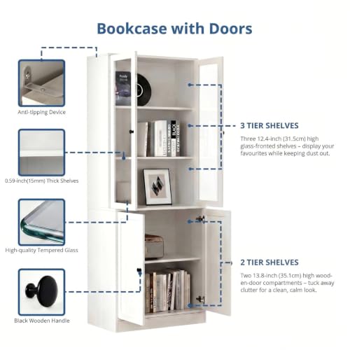TUSY 71" H Bookshelf with Storage, 6-Tier Modern Bookshelves with 3 Large Drawer, Display Bookcase with Glass Doors, Modern 5-Tier Curio Cabinet for Home Office, Dining Room (White, AB) - color: White