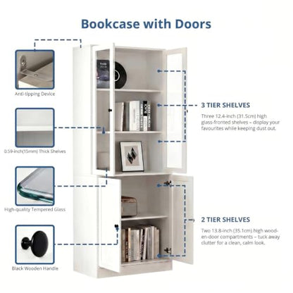 TUSY 71" H Bookshelf with Storage, 6-Tier Modern Bookshelves with 3 Large Drawer, Display Bookcase with Glass Doors, Modern 5-Tier Curio Cabinet for Home Office, Dining Room (White, AB) - color: White