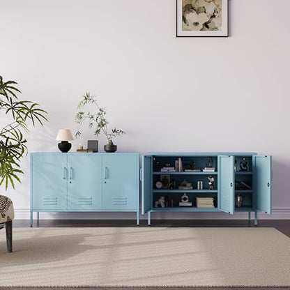 32" Wide 3-Door Lockable Metal Storage Cabinet with Accent Cabinet Locker, Heavy Duty Home Tool Cabinet, 2 Removable Shelves & Easy Assembly, for Home, Office, Entryway and Hallway Blue - color: Ocean, style: Cabinet-32"H-WL