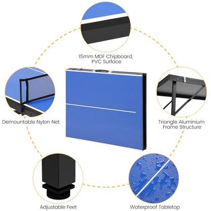 Portable Collapsible Ping Pong Table 60x26x27.5 in - Waterproof Table Tennis Set for Indoor & Outdoor - Includes Net, 2 Paddles, 3 Balls - Lightweight Mini Table for Kids & Adults - Blue