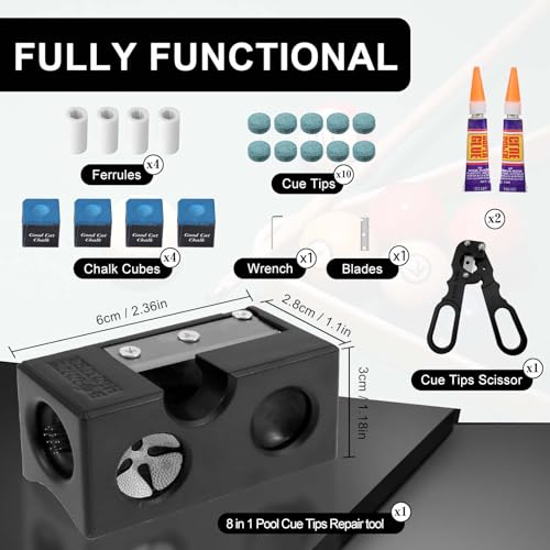 22 pcs Pool Cue Tips Replacement Kit, 8-in-1 Billiards Pool Cue Tip Shaper, Portable Pool Cue Repair Accessories for Replacement and Shaping Cue Tips for Billiards Enthusiastsm
