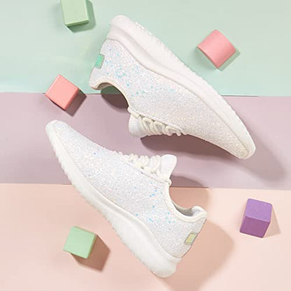 K KIP WOK Girls Glitter Sneakers Sparkle Slip On Walking Shoes for Kids/Children Breathable Running Sneakers - color: White2, size: 12 Little Kid