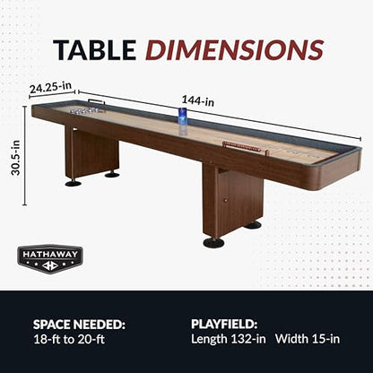 Hathaway Challenger Shuffleboard Table for Family Arcade Game Room - with Poly-Coated Playfield, Built-in Scorer & Cabinet, Climate Adjusters, Leg Levelers, 8 Pucks, Brush & Wax - Walnut Finish - size: 12-foot