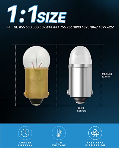 Keiurot GE44 47 756 755 Bulb for Pinball Machine Light Bulb 1893 1895 1847 Bulb BA9S DC 6.3V 6V Led Bulbs, White 10Pack - color: White, size: BA9S