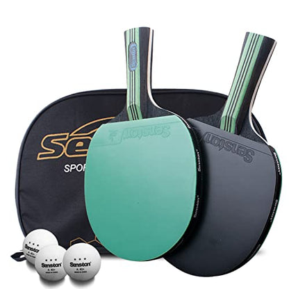 Senston 5-Ply Ping Pong Paddles Set – Premium Wood Table Tennis (Set of 2) with 3 Balls & Portable Carry Case – High-Control 2mm Sponge & Ergonomic Non-Slip Grip for Beginners & Family Play - color: Green