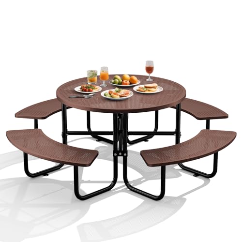 83" Round Heavy Duty Picnic Table for Outdoors Commercial Camping Table with Umbrella Hole up to 1.78" Brown Coated Steel Frame Waterproof Rust Resistant 3200 lbs Load Capacity - color: Brown, size: Round