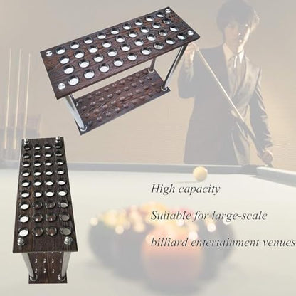 36-Cue Pool Rack Floor Stand – Brown Wood Grain Billiard Stick Holder, Freestanding Pool Ball Storage for Game Rooms