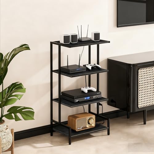 Arbuxzuy 4-Tier AV Media Stand with Power Outlet and LED Lights,Wooden Stereo Stand Cabinet,Game Console Shelf for Small Space,Audio Rack Stand Tower Ideal for Video DVD Players,Xbox - color: Black