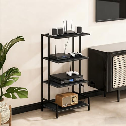 Arbuxzuy 4-Tier AV Media Stand with Power Outlet and LED Lights,Wooden Stereo Stand Cabinet,Game Console Shelf for Small Space,Audio Rack Stand Tower Ideal for Video DVD Players,Xbox - color: Black