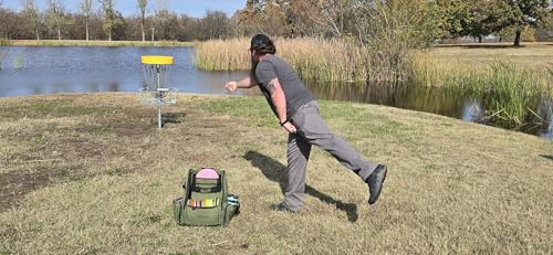 Disc Golf Backpack, Holds 26+ disk with putter slots, Heavy Duty 600D Polyester, Multiple Storage Pockets, Cinch Tie Drink Pockets, Pencil and Pad slots, Durable and Waterproof