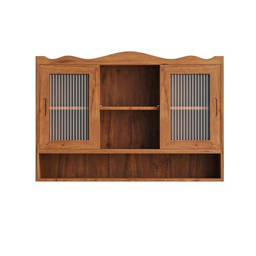 Retro Style Haze Two Glass Door Wood Wall Cabinet with Detachable Shelves for Office, Dining Room,Living Room, Kitchen and Bathroom - color: Brown(3)