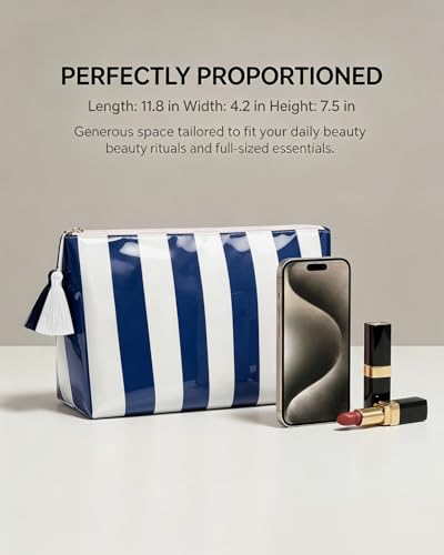 Navy Blue Striped CLear Sunscreen Makeup Bag for Beach,Large Waterproof Cosmetic Travel Pouch for Women,Preppy Aesthetic Toiletry Bag,Beach Pool Summer Essentials Bag For Women Girls(Navy Blue White) - color: Navy Blue White