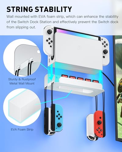 Wall Mount for Nintendo Switch 1 and Switch OLED, Metal Wall Mount Shelf Kit with 5 Game Card Holders and 4 Joy Con Hooks, Safely Store Switch Console Near or Behind TV, White - color: White