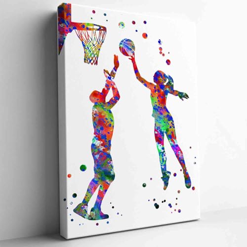 Watercolor Basketball Canvas Decorative Painting Framed Sport Wall Art for Home Gym Living Room Bedroom Office Decor,12"x16"-Ready to hang - color: Red-2, size: 16"L x 12"W