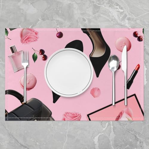 Erosebridal High Heel Placemats Set of 4 12x18 Handbag Place Mat for Girls Women Rose Cherry Macarons Fantasy Pink Black Heat Resisting Table Mats - color: Pink Black