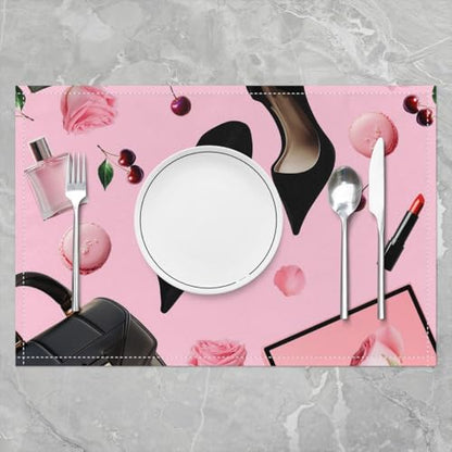 Erosebridal High Heel Placemats Set of 4 12x18 Handbag Place Mat for Girls Women Rose Cherry Macarons Fantasy Pink Black Heat Resisting Table Mats - color: Pink Black