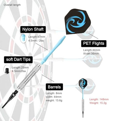 Soft Darts Set 12Packs with 4 Colors Plastic Shafts,Extra Flights,Points and Flight Protectors