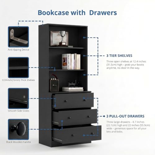 TUSY 71" H Bookshelf with Storage, 6-Tier Modern Bookshelves with 3 Large Drawer, Display Bookcase with Glass Doors, Modern 5-Tier Curio Cabinet for Home Office, Dining Room (Black, AB) - color: Black