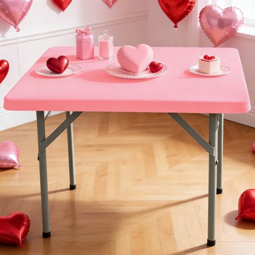 Square Fitted Table Cover Elastic Tablecloth Stretch Spandex Table Topper Cap Cover for Dining Kitchen Home Party Pink 34X34 Inch - color: Pink, size: 34" x 34" (Square)