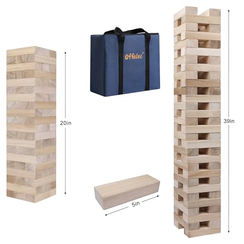 Offelec Tumbling Tower Blocks Games,Large Wooden Blocks Stacking Game for Kids Adults Family Classic Stacking Board Games for Indoor Outdoor Backyard Lawn Stack to Over 3.2Ft- 60pcs with Carrying Bag - style: Over 3.2Ft