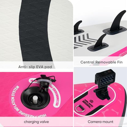 Inflatable Paddle Board,Stand Up Paddle Board Set, Extra Wide SUP Board with Removable Fin, Floating Paddle, Hand Pump, Waterproof Phone Pouch,Traveling Board - color: FT pink
