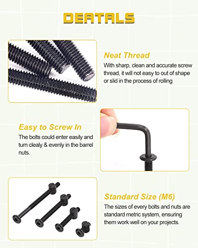 Crib Screws Bolts Hardware Replacement Kit, 28 Set M6 Bolts &Barrel Nuts for Bed Frame,Furniture,Chairs and Cabinets - M6x20/40/60/80mm Hex Drive Socket Cap Screws Assortment - size: Black-28 Set