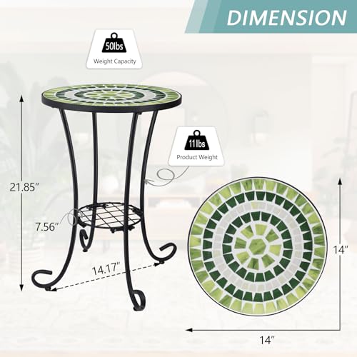 VCUTEKA Outdoor Side Table Mosaic Patio Table Accent Tables Mosaic Tile Top Metal Frame Small End Tables Porch Beach Patio Garden Balcony Grass Green - color: Grass Green