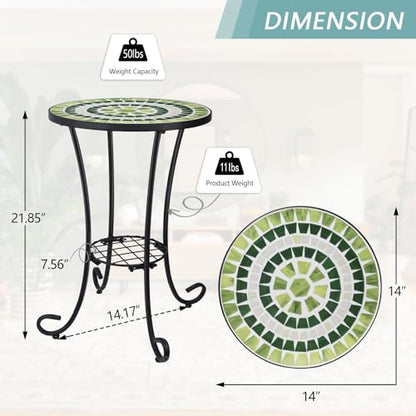 VCUTEKA Outdoor Side Table Mosaic Patio Table Accent Tables Mosaic Tile Top Metal Frame Small End Tables Porch Beach Patio Garden Balcony Grass Green - color: Grass Green