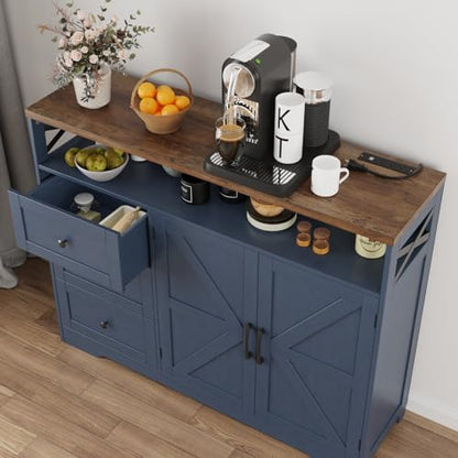 Befrases Farmhouse Buffet Cabinet with Drawers & Open Shelf, Sideboard with Storage, Kitchen Pantry Cabinet Hutch, Coffee Bar Station for Kitchen, Livingroom, 47" L Blue - color: Blue