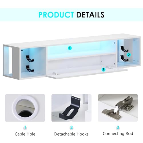 55" White TV Gaming Console with LED Lights 4 Controller Hooks 2 Headphone Hooks, Hidden Storage Cabinet, 30KG Top Load Capacity