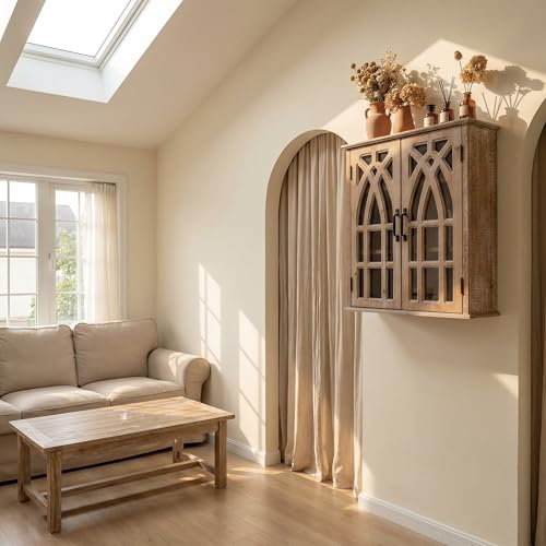 LKTART Solid Wood Wall Mounted Cabinet,Hanging Kitchen Storage Cabinet | Farmhouse Wall Mounted Wood Storage Cabinet;Window Pane Glass Door;Adjustable Shelves;Kitchen;Bathroom;Dining Room;Natural - color: Natural