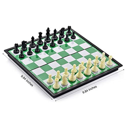 Magnetic Travel Chess Set with Folding Chess Board & 2 Extra Queens & Convenience Bag, Educational Toys for Kids and Adults (Green & White)