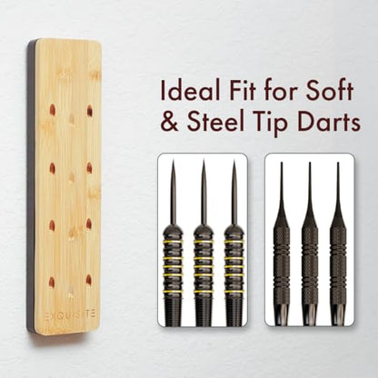 EXQUISITE Premium Craft-Handed Natural Bamboo Darts Holder - Wall Mounted Dart Caddy Display & Storage for 12 Soft & Steel Tip Darts, Precision Drilled, Protective Backing, Includes Mounting Kit