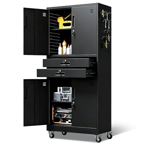 Metal Garage Storage Cabinet with 2 Drawers, 71'' Tall Lockable Storage Cabinet with Adjustable Shelves, Rolling Tool Cabinet on Wheels for Garage, Utility Room (Black) - color: Black, style: Tall - 4 Doors & 2 Drawers