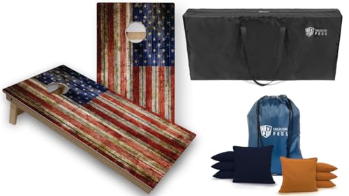 Tournament Grade Tailgating Pros American Flag Wooden Plank Design Cornhole Board Set w/Bean Bags and Carrying Case - 4'x2' Corn Hole Toss Game w/Built in Lights - color: Navy / Gold