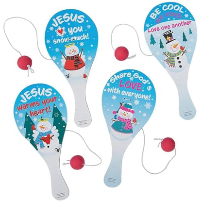Fun Express 4" x 9" Religious Share God’s Love Snowman Wood Paddleball Games - 12 Pieces - style: Religious Snowman