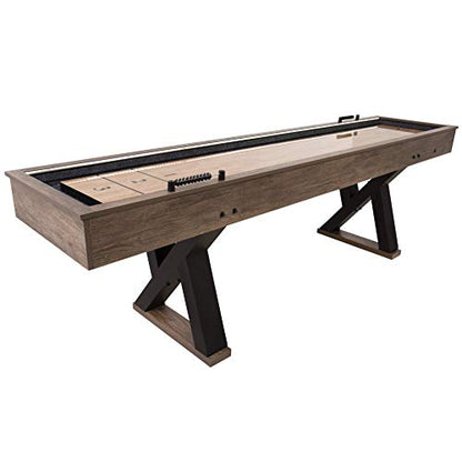 American Legend Kirkwood 9’ Shuffleboard Table with LED Rails, Bowling Game Set, Rustic Wood Finish & Accessories Included
