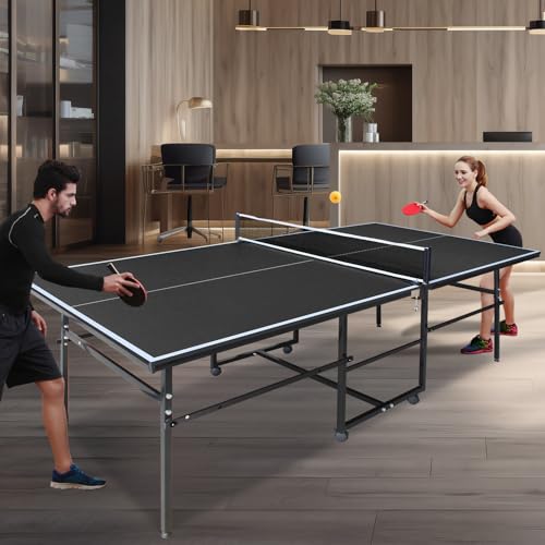 Ping Pong Table Foldable Indoor 8/8.5/9FT Single Player Playback Mode Game Set with Paddles and Balls - color: Black-8.5x4.3FT