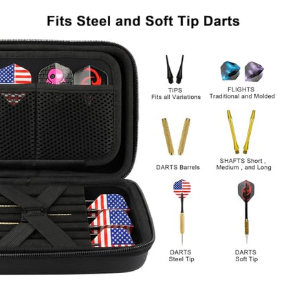 Dart Case for Steel & Soft Tip Darts, Dart Carrying Case Holds 12 Darts and Extra Accessories Flights Shafts Tips