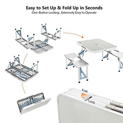 VINGLI 4Ft Folding Camping Picnic Table with Seats/Umbrella Hole-265 Lbs Support that Lightweight and Fold Up Card Suitcase Table Aluminum Alloy Frame, RV Tabletop with Soft Handl - color: White