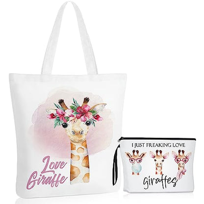 Sieral 2 Pcs Animal Lover Bag Gift for Women Travel Canvas Tote Portable Zipper Pouch Canvas Reusable Grocery Tote - style: Giraffe