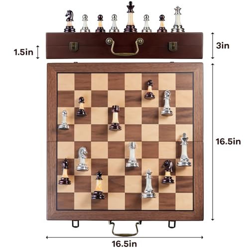 Deluxe Chess Set 16.5'' Wooden Large Folding Chess Board Game with Handle, Weighted Acrylic Chess Pieces - 3.5" King with Storage Slots for Beginners, Professional Players