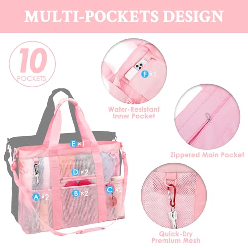 GYEUKHAM Mesh Beach Bag for Women, Sand-Resistant Pool Tote, 9 Pockets (1 Inner Zip), Foldable Family Travel Essentials - color: Extra Large - Pink